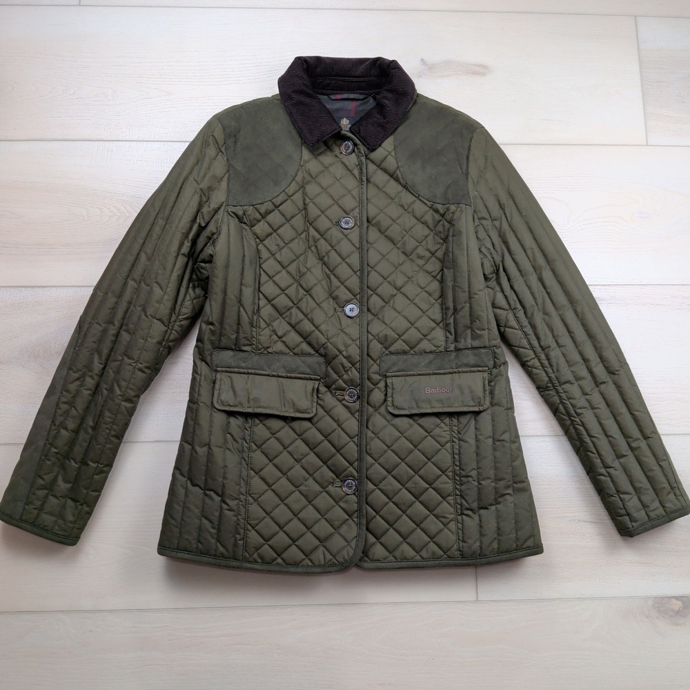 Barbour Lightweight 4oz Wax Quilted Jacket Olive Green Tartan Lining Womens 8